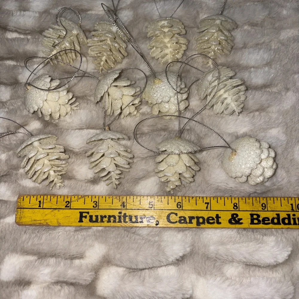 Set Of 12 White Glitter Pinecone Ornaments Glam Decor Holiday